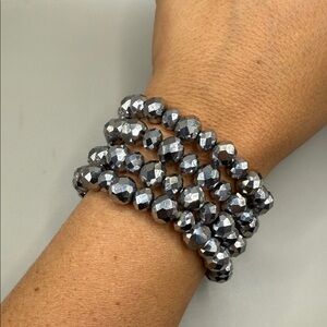 Metallic Silver Beaded Set of Four Bangle Statement Bracelets